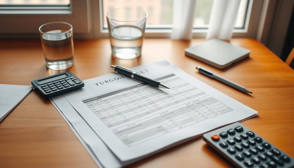 A tidy, well-organized personal budget laid out on a warm-toned wooden desk, with a glass of water, a pen, and a calculator neatly arranged. Soft, natural daylight filters in through a window, casting a gentle glow on the scene. The budget pages are meticulously filled out, reflecting careful planning and attention to detail. A sense of focus, organization, and financial responsibility permeates the image, conveying the importance of an effective personal budget in achieving financial stability.