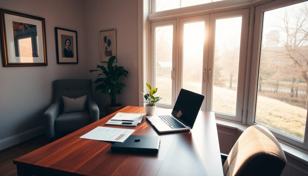 A tranquil home office setup, bathed in warm natural light filtering through large windows. On a wooden desk, a laptop, a few financial documents, and a small potted plant - symbolic of starting to invest with modest means. A cozy armchair adjacent, suggesting a contemplative, focused atmosphere. The walls display framed artwork, hinting at the owner's refined aesthetic sensibilities. Overall, the scene conveys a sense of thoughtful, intentional living and modest, sustainable wealth-building.