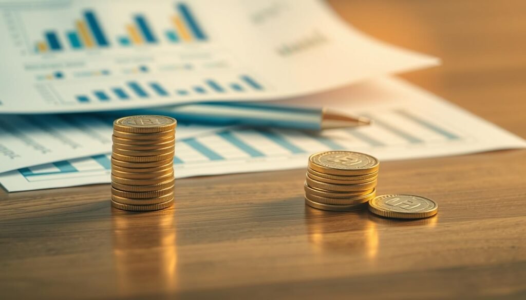 A tranquil scene of financial security, a neat stack of golden coins resting on a polished wooden surface, bathed in soft, warm lighting. In the background, a neatly organized array of financial documents and graphs, conveying a sense of stability and prudent management. The overall composition exudes a feeling of reliability and moderate, consistent returns, reflecting the low-risk, moderate-yield nature of fixed-income investments.