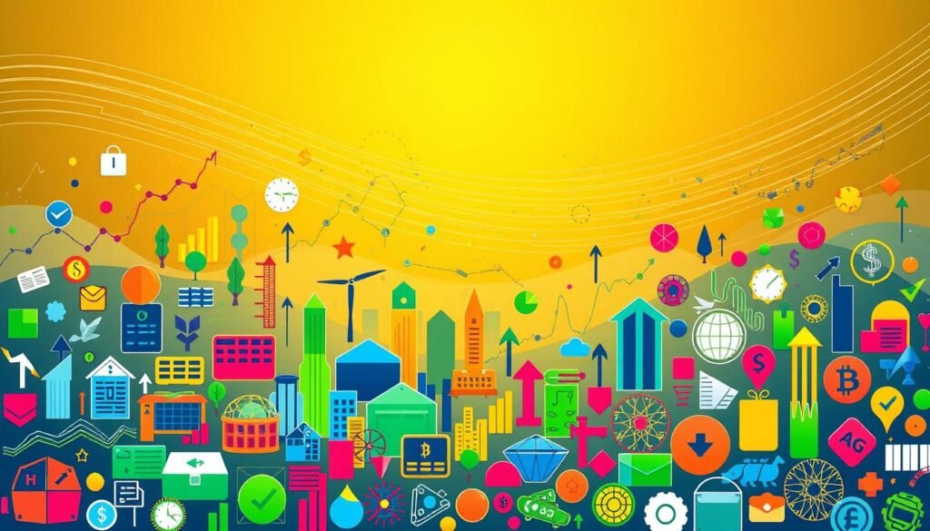 A vibrant and diverse financial landscape, with various investment strategies represented through vivid iconography. In the foreground, a dynamic array of geometric shapes and symbols emblematic of different asset classes - stocks, bonds, real estate, commodities. In the middle ground, intricate patterns and textures suggestive of complex financial instruments and portfolios. The background features a sense of depth and movement, with lines and gradients evoking the ebb and flow of the markets. Warm, golden lighting casts a sense of optimism and opportunity, while subtle shadows add depth and dimension. The overall composition conveys the idea of a well-diversified investment strategy, balancing risk and reward across a range of asset types.