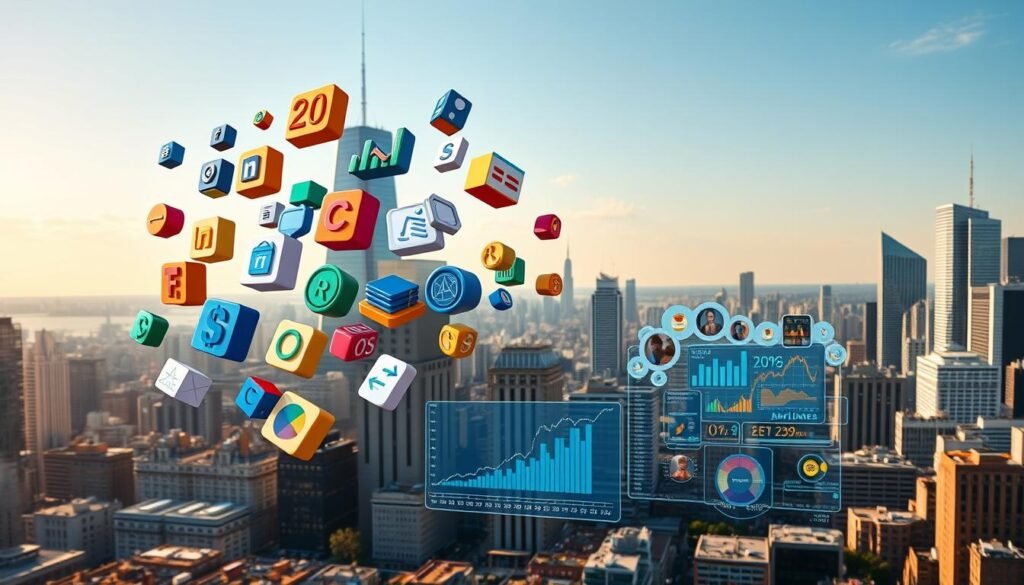 A vibrant and informative visual guide to the various types of investments in the stock market. An expansive and detailed scene, set against a backdrop of a bustling financial district skyline, with bright sunlight casting warm shadows. In the foreground, a collection of 3D icons and infographic elements float in midair, representing diverse investment options such as stocks, bonds, mutual funds, ETFs, and derivatives. The middle ground features a stylized stock ticker display and a holographic interface depicting market trends and analysis tools. In the background, skyscrapers and office towers recede into the distance, creating a sense of depth and scale. The overall tone is one of dynamism, clarity, and educational purpose, designed to illuminate the key concepts of stock market investing.