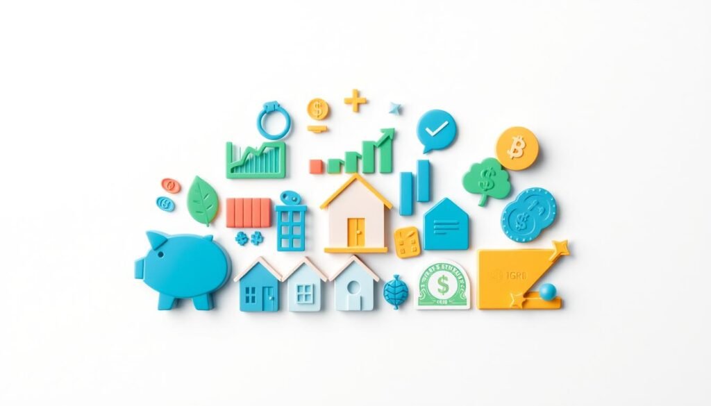 A vibrant and informative visual representation of "tipos de inversiones" (types of investments) for a beginner's guide. Set against a clean, minimalist background, the composition features a central arrangement of diverse investment icons and symbols. These include a piggy bank, a stock chart, a bar graph, a house, a gold bar, and a retirement savings account. The icons are rendered in a crisp, flat style with a color palette of blues, greens, and metallics to convey a sense of professionalism and financial stability. The overall mood is informative and accessible, with balanced lighting and a slightly elevated camera angle to create a sense of depth and visual interest.