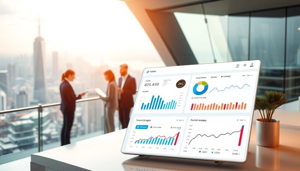 A vibrant and modern investment platform, featuring a clean minimalist design with sleek user interface. The foreground showcases a polished dashboard displaying various financial metrics and analytics, with intuitive data visualizations and interactive charts. The middle ground depicts a team of financial advisors collaborating on portfolio strategies, using cutting-edge digital tools. In the background, a panoramic view of a bustling cityscape, representing the global financial landscape. Soft, warm lighting casts a professional, authoritative tone, while the composition emphasizes efficiency, sophistication, and the empowerment of individual investors. An image that embodies the tools and resources available to beginner investors, inspiring confidence and readiness to navigate the world of investments.
