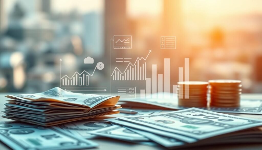A vibrant, conceptual image of key financial concepts. In the foreground, a tactile representation of money, budgets, and investments, with geometric forms and patterns suggesting the intricate nature of personal finance. In the middle ground, abstract visualizations of financial data, charts, and calculations, rendered in a clean, minimalist style. The background features a soft, blurred cityscape, hinting at the broader economic context. The overall composition conveys a sense of balance, dynamism, and the importance of financial literacy. Warm, natural lighting casts a contemplative mood, emphasizing the gravity and significance of these fundamental financial principles.