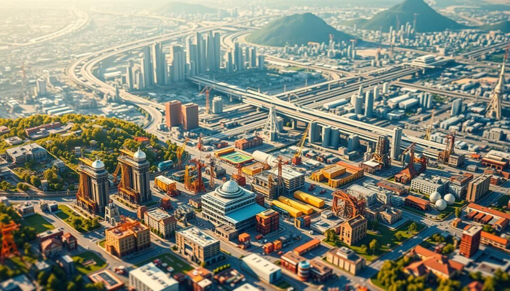 A vibrant, detailed mosaic of economic sectors, captured in a cinematic, isometric view. The foreground features icons and symbols representing diverse industries - finance, manufacturing, technology, agriculture, and more - arranged in a dynamic, interlocking composition. The middle ground showcases miniature buildings, factories, and infrastructure, conveying the scale and complexity of the modern economy. In the background, a sweeping cityscape with skyscrapers and transportation networks sets the scene, bathed in warm, golden lighting that casts long shadows and creates a sense of depth and grandeur. The overall image conveys the interconnectedness, versatility, and growth potential of a thriving, multi-faceted economic landscape.