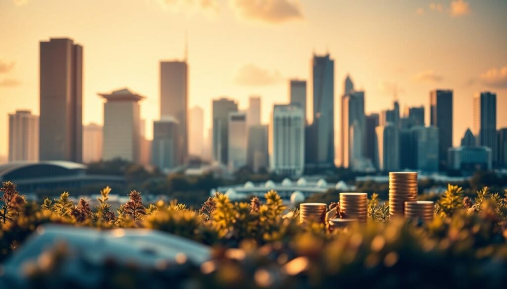 A vibrant financial landscape with personalized investment strategies in the foreground. In the middle, a balanced portfolio of diverse assets like stocks, bonds, and real estate. In the background, a skyline of skyscrapers representing the growth and potential of a thriving economy. Warm, golden lighting casts a sense of security and stability, while a shallow depth of field focuses the viewer's attention on the carefully curated investment plan. Subtle textures and elegant minimalist design elements convey a sense of expertise and professionalism. The overall composition inspires confidence in the viewer's financial future.