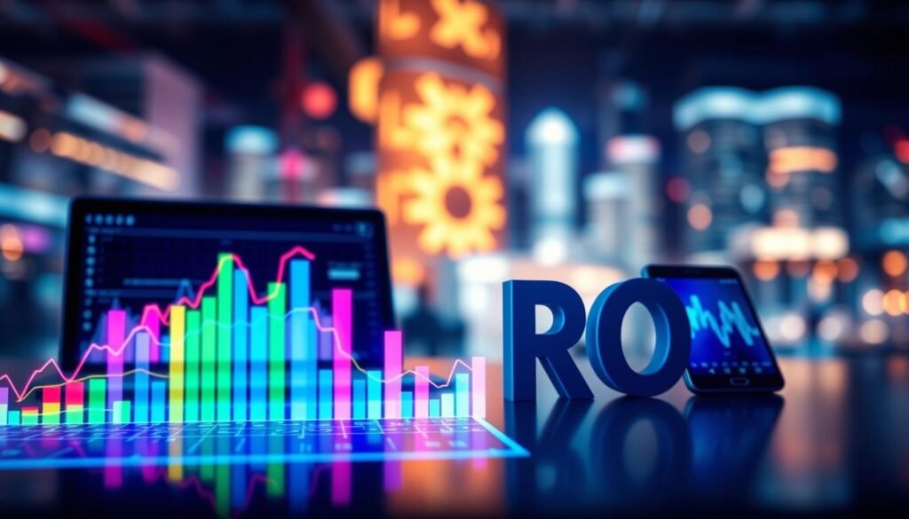 A vibrant, high-resolution digital marketing scene with a central focus on the "ROI" concept. In the foreground, a colorful graph or chart visually representing key metrics and return on investment data, illuminated by soft, directional lighting that creates depth and dimension. In the middle ground, sleek digital devices such as a laptop, tablet, and smartphone arranged in a dynamic, synergetic composition, symbolizing the interconnected nature of modern marketing strategies. The background features a blurred, abstract cityscape or technology-inspired landscape, evoking a sense of the fast-paced, ever-evolving digital landscape. The overall mood is one of progress, innovation, and data-driven decision-making, perfectly capturing the essence of "ROI en marketing digital".