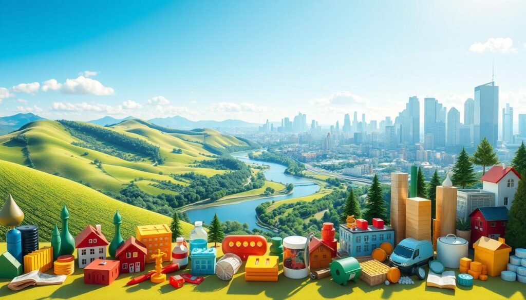 A vibrant, three-dimensional illustration showcasing the benefits of portfolio diversification. In the foreground, a diverse array of financial instruments such as stocks, bonds, real estate, and commodities are neatly arranged, casting dynamic shadows. The middle ground features a serene landscape with rolling hills, a meandering river, and a clear blue sky, symbolizing the stability and security of a well-diversified investment strategy. In the background, a cityscape with towering skyscrapers and bustling activity represents the complex, ever-changing financial landscape. The overall composition conveys a sense of balance, resilience, and the strategic advantages of diversifying one's investments.