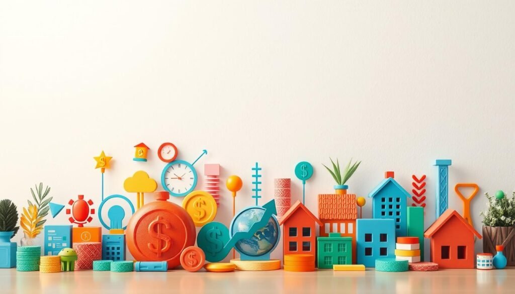 A vibrant, visually engaging illustration showcasing various investment strategies suitable for beginners. In the foreground, a diverse array of investment icons and symbols, such as stocks, bonds, mutual funds, and real estate, are arranged in an aesthetically pleasing composition. The middle ground features a clean, minimalist background with subtle textures and gradients, creating a sense of depth and emphasis on the central elements. The lighting is soft and diffused, lending a warm, inviting atmosphere to the scene. The overall composition is balanced, with a clean, modern aesthetic that aligns with the "Estrategias de Inversión: Guía Práctica para Principiantes" article and the "Tipos de estrategias de inversión para principiantes" section title.