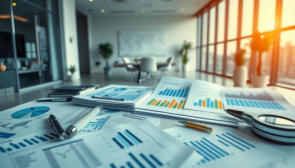 A vibrant, well-balanced investment portfolio with a diverse array of professionally managed mutual funds and exchange-traded funds. The foreground features a neatly organized arrangement of investment documents, financial charts, and analytical tools, conveying an atmosphere of diligent financial planning. The middle ground showcases a sleek, modern office setting with minimalist decor and strategic lighting, creating a sense of sophisticated financial expertise. The background subtly blends a cityscape skyline, hinting at the global reach and opportunities inherent in the world of investment funds. The overall mood is one of confidence, control, and the promise of steady, reliable returns.