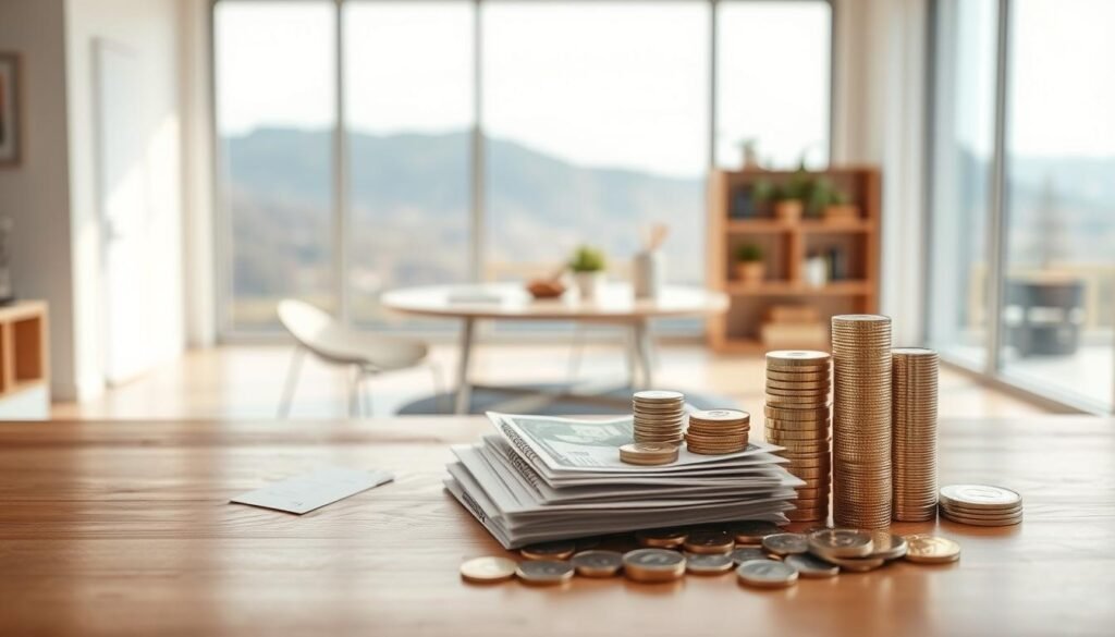 A warm, inviting image of a beginner-friendly investment fund. In the foreground, a diverse portfolio of financial assets - stocks, bonds, and other securities - neatly arranged on a wooden table, subtly illuminated by a soft, diffused light. The middle ground features a serene, minimalist office setting, with clean lines and neutral tones creating a calming atmosphere. In the background, a large window overlooks a tranquil, natural landscape, hinting at the long-term growth potential of the investment fund. The overall composition conveys a sense of security, stability, and approachability, making it an ideal visual representation for the "Fondos de Inversión para Principiantes" section of the article.
