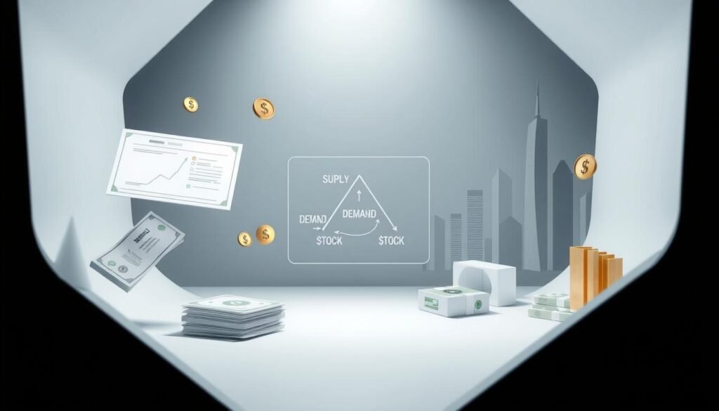 A well-lit 3D illustration depicting the basic concepts of the stock market. In the foreground, various financial instruments such as stock certificates, bonds, and currencies float against a minimalist backdrop. In the middle ground, a simplified diagram shows the relationship between supply, demand, and stock prices. In the background, a sleek, angular cityscape represents the global financial landscape. The overall mood is informative and visually engaging, conveying the essential principles of the stock exchange in a clean, modern style.