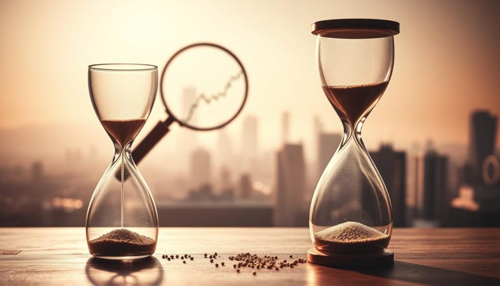 A well-lit, high-contrast scene depicting the risks of liquidity in long-term investments. In the foreground, a hourglass filled with sand represents the passage of time, its grains slowly draining away. Behind it, a magnifying glass examines financial charts and graphs, hinting at the complexity and volatility of the investment landscape. In the background, a hazy cityscape suggests the broader economic context, with buildings casting long shadows that symbolize the uncertainty and risk inherent in long-term financial planning. Warm lighting creates a pensive, contemplative mood, inviting the viewer to consider the delicate balance between growth and preservation of capital when investing for the long term.