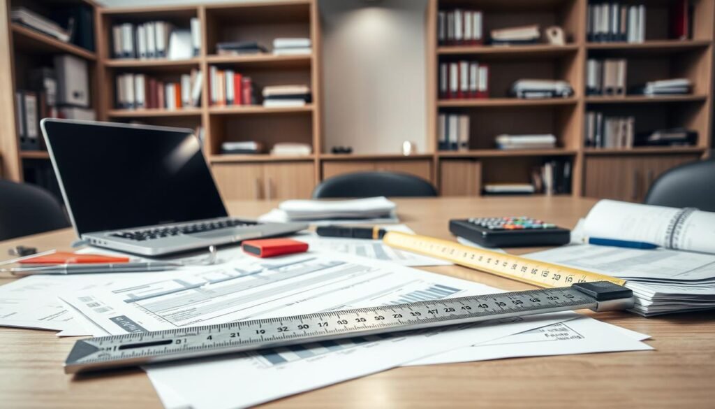 A well-lit office scene, with a neatly organized desk showcasing an array of measurement tools. In the foreground, a ruler, caliper, and protractor lie atop documents and financial reports, conveying the precision and attention to detail required for effective ROI analysis. In the middle ground, a laptop and calculator sit ready, hinting at the digital tools and calculations involved. The background features shelves filled with relevant books and binders, creating an atmosphere of professionalism and expertise. Soft, directional lighting highlights the tools, creating a sense of importance and focus on the task at hand. The overall mood is one of considered, methodical evaluation - the key to unlocking the true value of any investment.