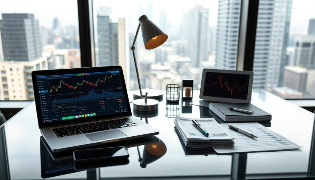 A well-lit office setting with a sleek glass desk showcasing a variety of online investing tools and platforms. In the foreground, a laptop displays a stock trading interface, with charts, graphs, and real-time data feeds. On the desk, a smartphone, a tablet, and a stack of financial documents sit neatly arranged. The middle ground features a modern desk lamp, a pen holder, and a notepad, creating a professional and organized atmosphere. The background depicts a large window with a cityscape view, bathing the scene in natural light and conveying a sense of urban sophistication. The overall mood is one of efficiency, productivity, and the empowerment of individual investors navigating the digital landscape of modern finance.