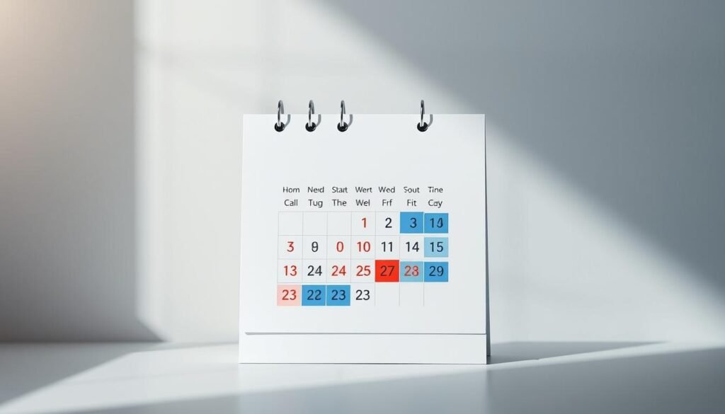 Calendario de temporada de impuestos, con una composición elegante y minimalista. En el centro, un calendario de escritorio en tonos neutrales, con fechas resaltadas en rojo y azul para indicar los plazos fiscales. En el fondo, un diseño geométrico sutil, en tonos de gris y azul, que transmite una sensación de orden y organización. Iluminación natural, con sombras suaves que crean profundidad y volumen. La imagen debe transmitir una atmósfera de planificación y preparación, sin distracciones visuales, enfocada en los aspectos esenciales de la gestión de impuestos personales.