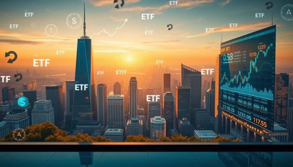 Detailed financial landscape depicting ETFs and stock market indexes. In the foreground, a variety of ETF symbols and ticker symbols float above a sleek, minimalist stock exchange trading floor. The middle ground features towering skyscrapers representing major financial centers, with abstract data visualizations and charts projected onto their facades. The background showcases a sweeping cityscape skyline, bathed in warm, golden-hour lighting. The overall mood is one of sophistication, innovation, and the dynamic nature of the global markets.