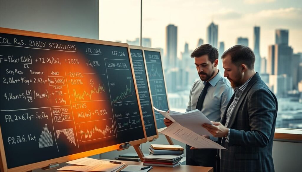 Detailed financial strategies unfold against a clean, modern backdrop. A chalkboard in the foreground displays formulas, graphs, and stock market trends, illuminated by warm, natural lighting. In the middle ground, investors pore over research materials and discuss investment options, their faces exuding concentration. The background features a cityscape of skyscrapers, hinting at the broader economic landscape. The overall atmosphere conveys a sense of diligent planning, analytical rigor, and a pursuit of informed, strategic investment decisions.