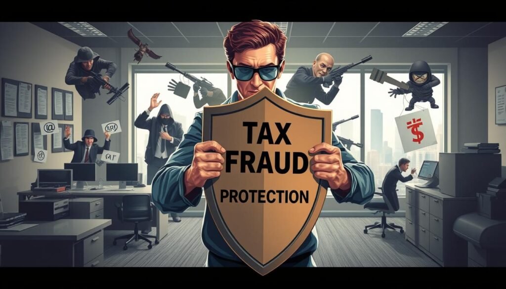 Detailed illustration of a person shielding themselves from various tax scams and fraudulent schemes, set against a backdrop of an orderly financial office environment. The foreground features the person holding a protective shield emblazoned with the text "Tax Fraud Protection", while the middle ground shows various malicious actors attempting to infiltrate through digital and physical means. The background depicts a professional setting with desks, filing cabinets, and a window overlooking a cityscape, conveying an atmosphere of diligence and vigilance. The lighting is bright and directional, casting dramatic shadows and highlighting the contrast between the forces of deception and the measures taken to safeguard personal finances.