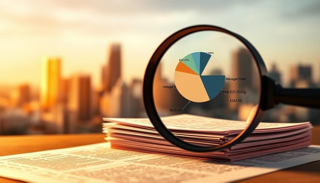 Detailed rendering of investment fund commissions. In the foreground, a magnifying glass hovers over a stack of documents, highlighting the intricate fine print of fees and charges. In the middle ground, a stylized pie chart depicts the proportional breakdown of management fees, performance fees, and other costs. The background features a blurred cityscape, symbolizing the complex financial landscape in which investment funds operate. Warm, ambient lighting casts a professional, authoritative tone, while a shallow depth of field draws the viewer's attention to the key visual elements. Rendered in a realistic, photographic style to convey the tangible, data-driven nature of investment fund commissions.
