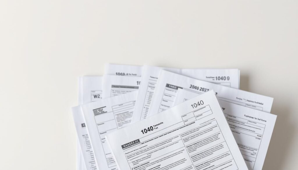 Highly detailed, realistic image of tax forms and documentation against a clean, neutral background. Carefully arranged with a focus on the forms in the foreground, showcasing their prominent placement and importance. Crisp, well-lit scene with soft, directional lighting to highlight the textures and details of the papers. Includes a variety of common tax-related documents such as W-2 forms, 1040 tax returns, and other supplementary schedules. Conveys a sense of organization and preparation, reflecting the subject of personal tax preparation in the United States.